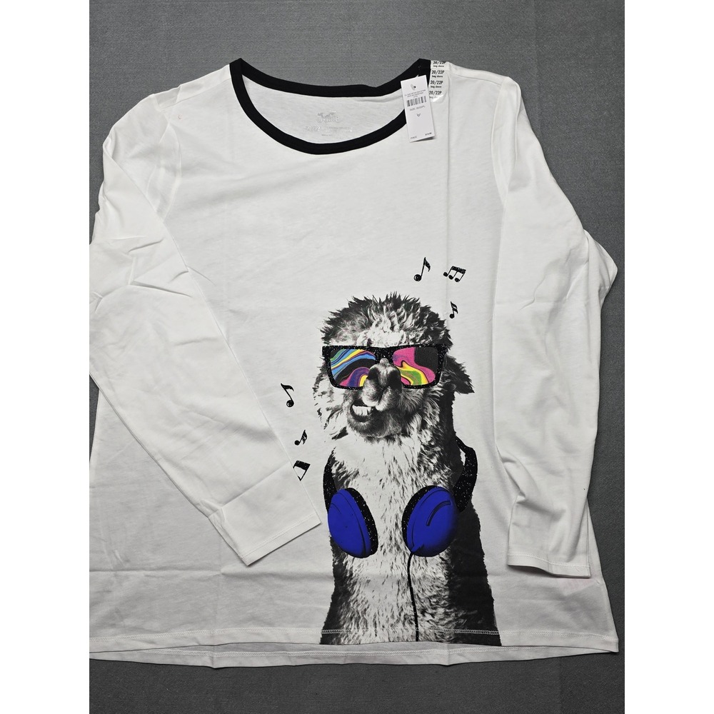 Justice Girls Plus Size 20/22P Long Sleeve Llama Music Graphic Tee White Black